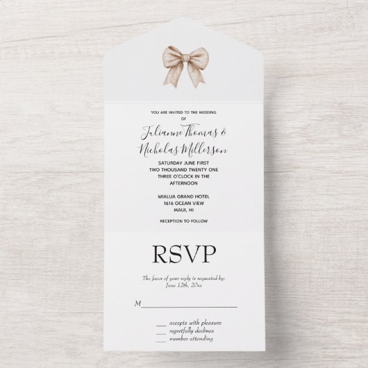 Peach White Bow Wedding All In One Uitnodiging (Binnen)