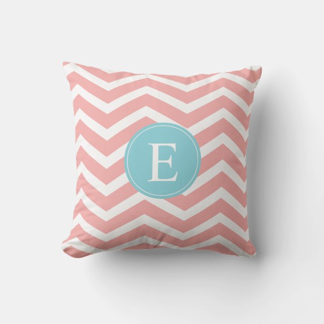 Peach White Chevron Blue Monogram Kussen (Voorkant)