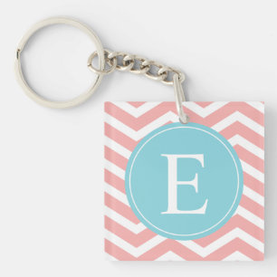 Peach white Chevron Blue Monogram Sleutelhanger