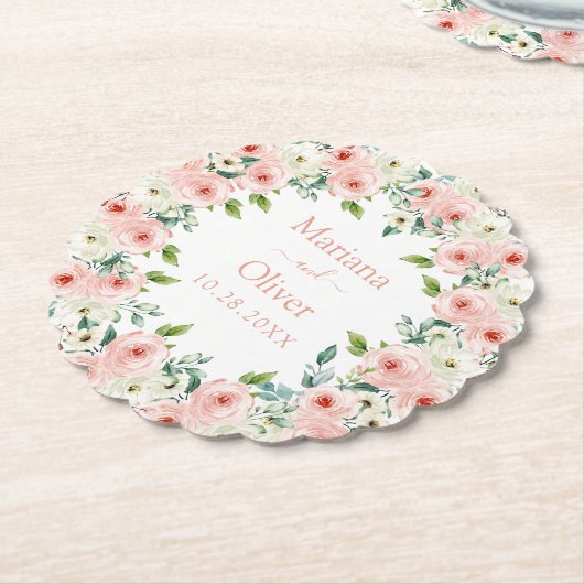Peach White Floral Wedding Kartonnen Onderzetters (Gekanteld)