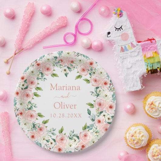 Peach White Floral Wedding Papieren Bordje (Feest)