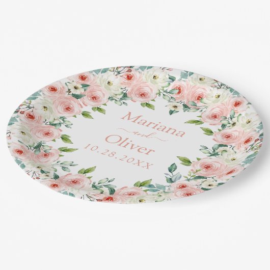 Peach White Floral Wedding Papieren Bordje (Gekanteld)