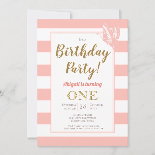 Peach White Gold Glitter 1e verjaardag party Kaart (Voorkant)