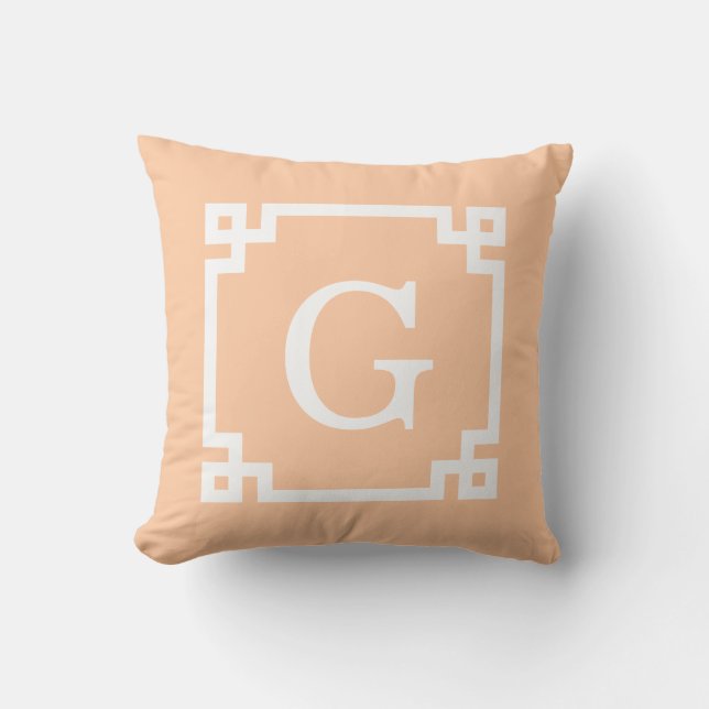 Peach White Greek Key Lijst #2 Initiaal Monogram Kussen (Voorkant)