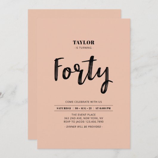 Peach & White Simple 40th Birthday Party Kaart (Voorkant / Achterkant)