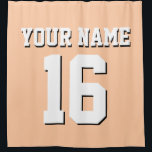 Peach White Sports Jersey Team Jersey Douchegordijn<br><div class="desc">Preppy Solid Color Team Jersey / Sport Jersey / Football Jersey / Rugby Jersey met aangepaste naam Pas dit aan met uw eigen naam of teamnaam en een nummer. U kunt de grootte, kleur en plaatsing van de tekst wijzigen als u wijzigingen moet aanbrengen, de kleur van de tekstschaduw moet...</div>