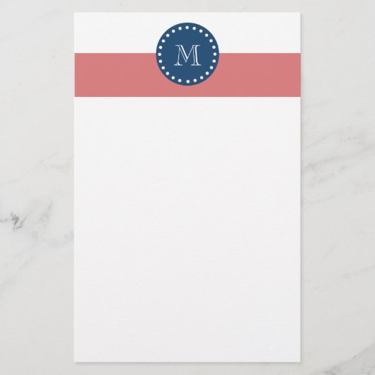 Peach White Stripes Pattern, Navy Blue Monogram Briefpapier (Voorkant)