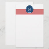 Peach White Stripes Pattern, Navy Blue Monogram Briefpapier (Voorkant / Achterkant)