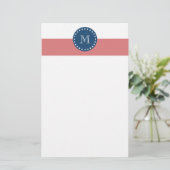 Peach White Stripes Pattern, Navy Blue Monogram Briefpapier (Staand voorkant)
