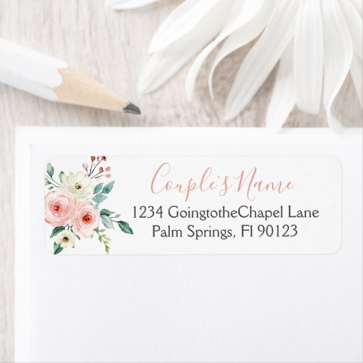 Peach White Waterverf Floral Wedding Etiket (Insitu)