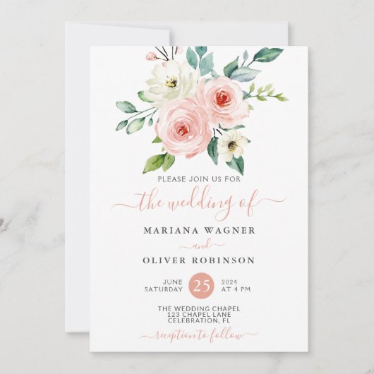 Peach White Waterverf Floral Wedding Kaart (Voorkant)