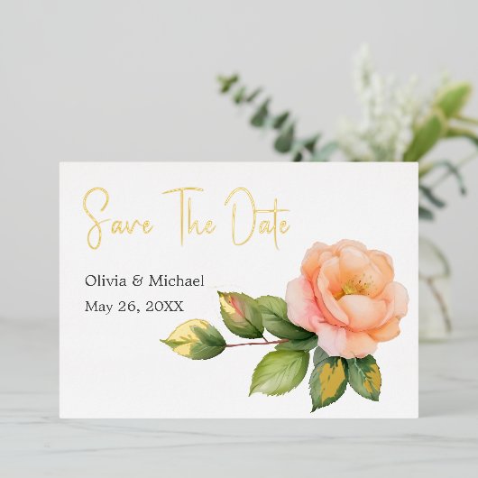 Peach wild roos Waterverf Save the Dates kaart (Staand Voorkant)