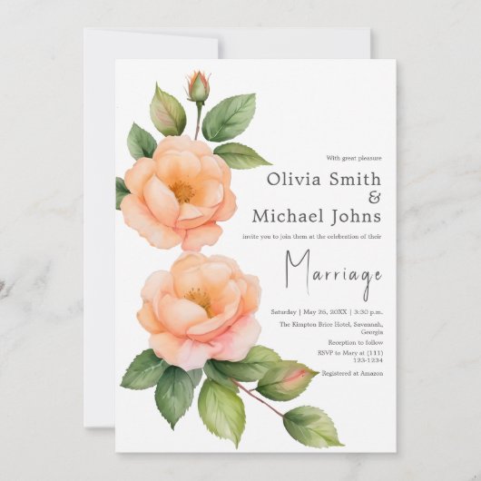 Peach wilde rozen Waterverf bruiloft uitnodiging (Voorkant)