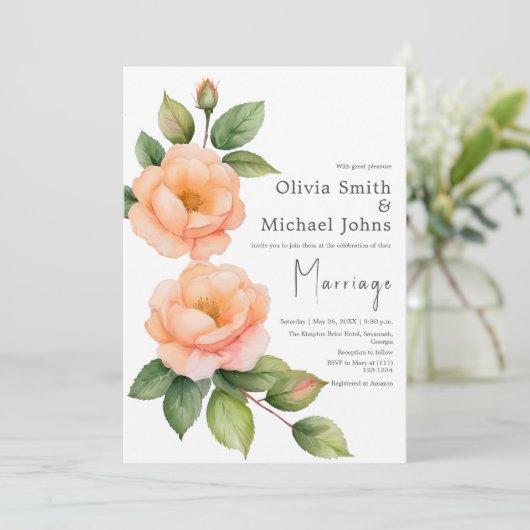 Peach wilde rozen Waterverf bruiloft uitnodiging (Staand voorkant)