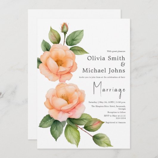 Peach wilde rozen Waterverf bruiloft uitnodiging (Voorkant / Achterkant)