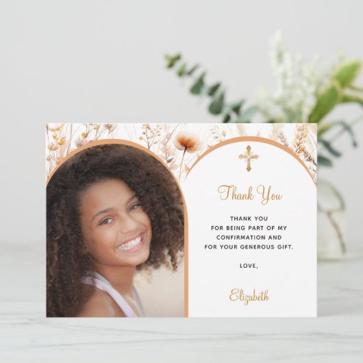 Peach wildflorals foto boogmeisje Bevestiging Bedankkaart (Staand voorkant)