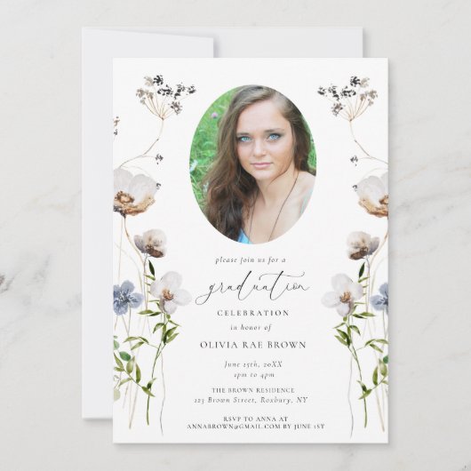 Peach Wildflower Calligraphy Afstuderen Invitation Kaart (Voorkant)