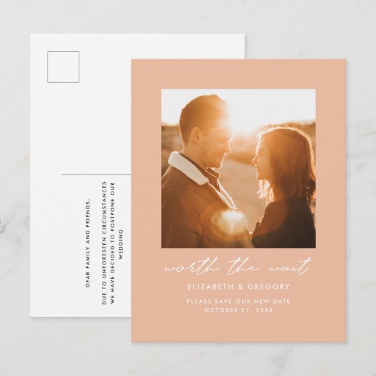 Peach Worth the Wait Wedding Verander de datum Aankondigingskaart (Voorkant / Achterkant)