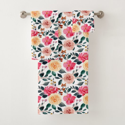 Peach Yellow roze Greenery Girly Floral Pattern Bad Handdoek (Insitu)