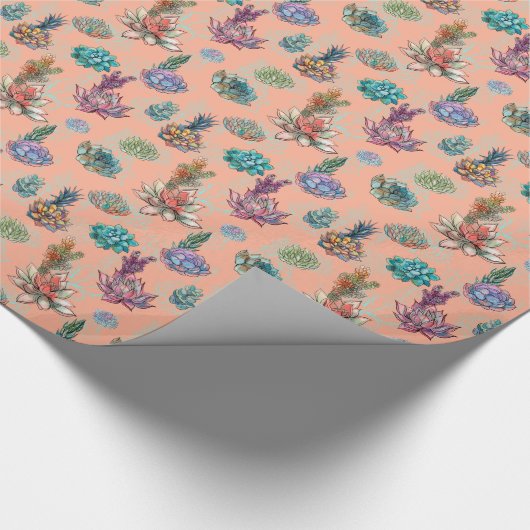 *~* Peach zalmon Blue Green Succulent Pattern Cadeaupapier (Hoek)