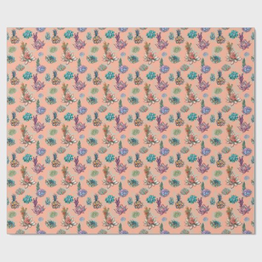 *~* Peach zalmon Blue Green Succulent Pattern Cadeaupapier (Vlak)