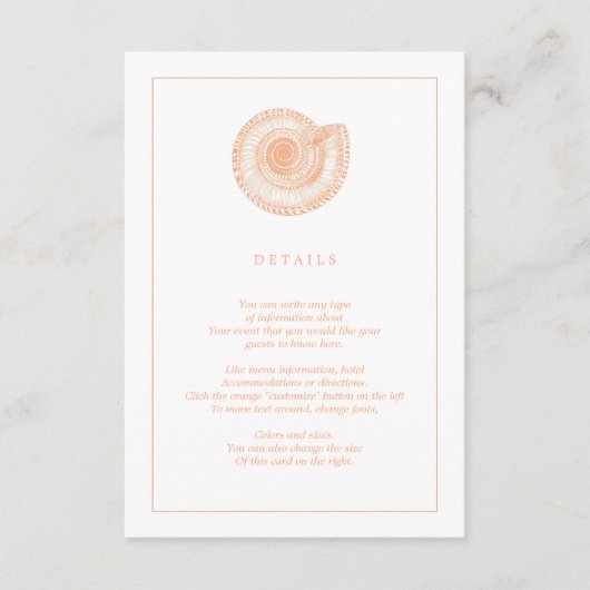 Peach Zee Shell Beach Wedding Information Kaart (Voorkant)