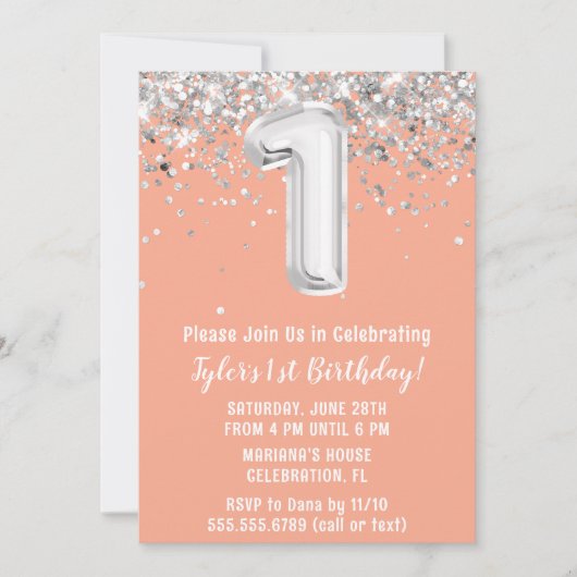 Peach Zilver 1e Verjaardag Uitnodiging (Voorkant)