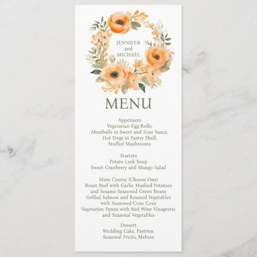 Peach Zomerdiner of Lunch Menu Trouwmenu (Voorkant)