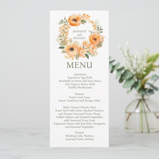 Peach Zomerdiner of Lunch Menu Trouwmenu (Staand voorkant)