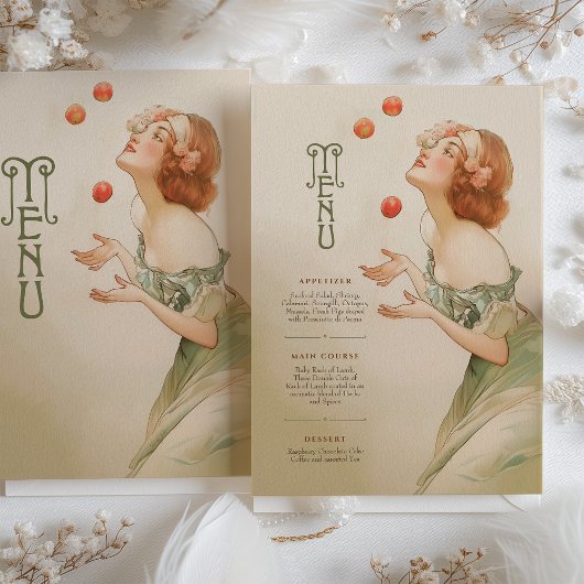 Peaches Art Nouveau Wedding Menu Kaart