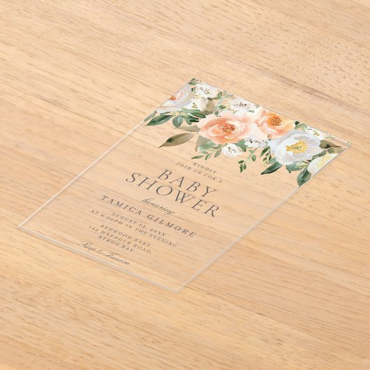 Peaches & Cream Floral Spring Summer Baby shower Acryl Uitnodigingen (Laagn)