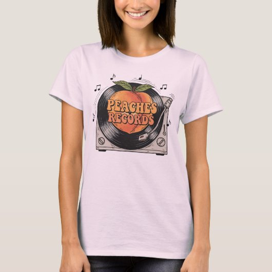 Peaches Records Retro Vinyl Muziek Illustratie T-shirt (Voorkant)