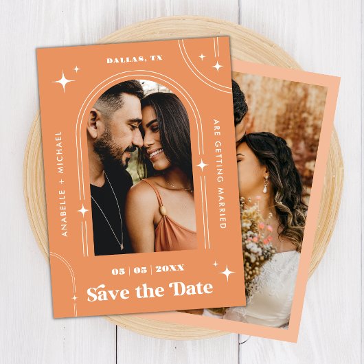 Peachy Abrioton Boho Arch Retro Script 2 Foto 70's Save The Date