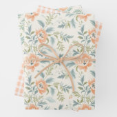 Peachy Blossoms Floral Gingham Wrapping Paper (In situ)