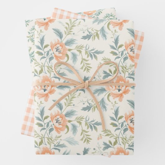 Peachy Blossoms Floral Gingham Wrapping Paper (In situ)