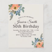 Peachy Blue Waterverf Bloemen verjaardagsuitnodigi (Voorkant)