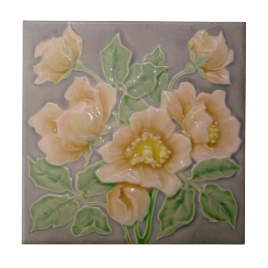 Peachy Floral Majolica Faux Relief c1900 Repro Tegeltje (Voorkant)