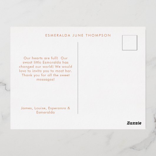 Peachy florale geboorte aankondiging Folie Briefka (Achterkant)