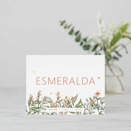 Peachy florale geboorte aankondiging Folie Briefka (Staand Voorkant)