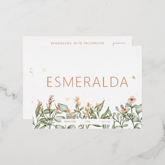 Peachy florale geboorte aankondiging Folie Briefka (Voorkant / Achterkant)