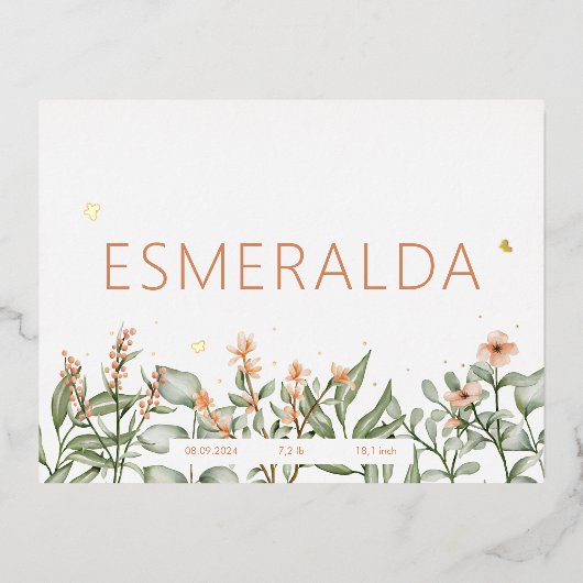 Peachy florale geboorte aankondiging Folie Briefka (Voorkant)