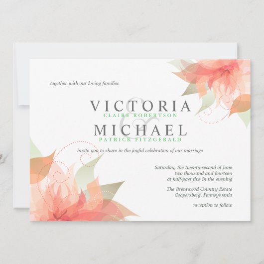 Peachy Oranje en Green Wedding Invitations Kaart (Voorkant)