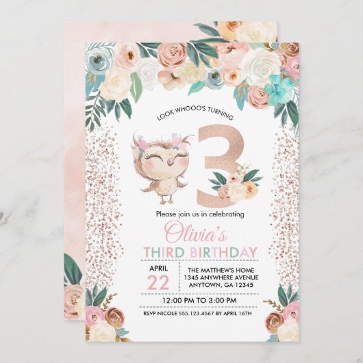 Peachy Owl Derde Verjaardag Uitnodiging (Voorkant / Achterkant)