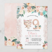 Peachy Owl Negende Verjaardag uitnodiging (Voorkant / Achterkant)