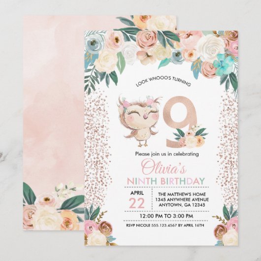 Peachy Owl Negende Verjaardag uitnodiging (Voorkant / Achterkant)