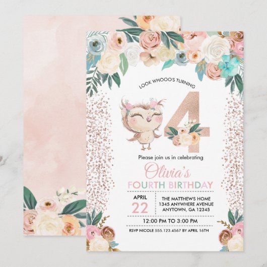 Peachy Owl Vierde Verjaardag uitnodiging (Voorkant / Achterkant)