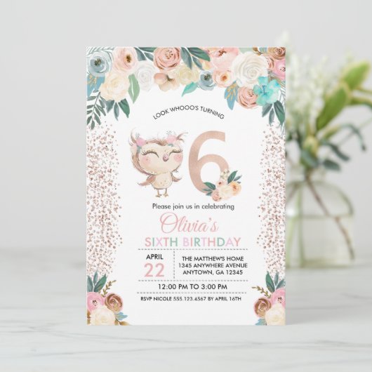 Peachy Owl Zesde verjaardag uitnodiging (Staand voorkant)