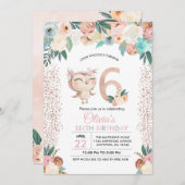 Peachy Owl Zesde verjaardag uitnodiging (Voorkant / Achterkant)