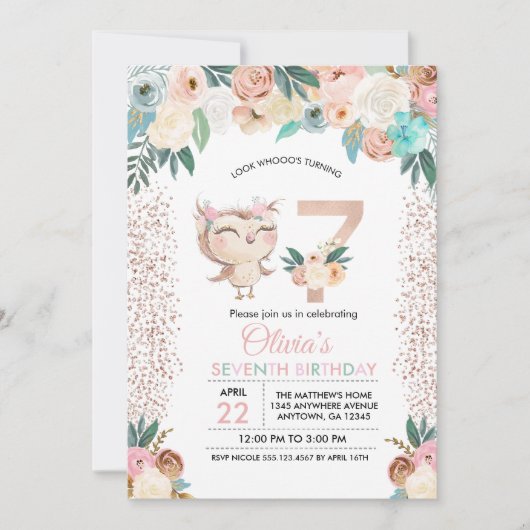 Peachy Owl Zevende Verjaardag uitnodiging (Voorkant)