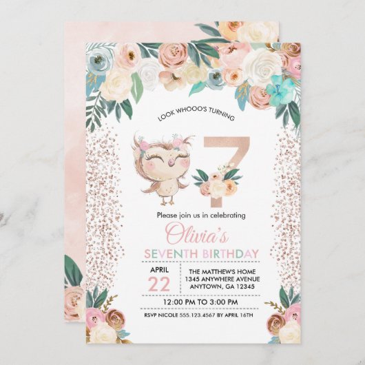 Peachy Owl Zevende Verjaardag uitnodiging (Voorkant / Achterkant)